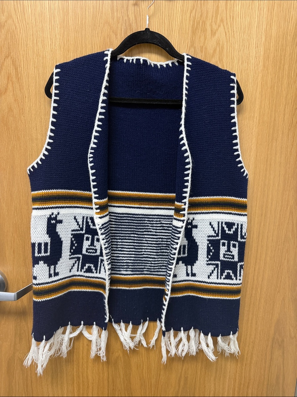 Vintage 1970s Peruvian Alpaca Llama Navy Patterned Fringe Knit Vest - Men